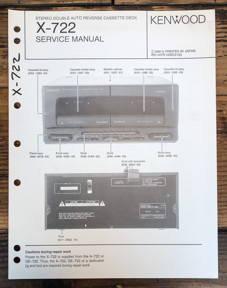 Kenwood X-722 Cassette Service Manual *Original*