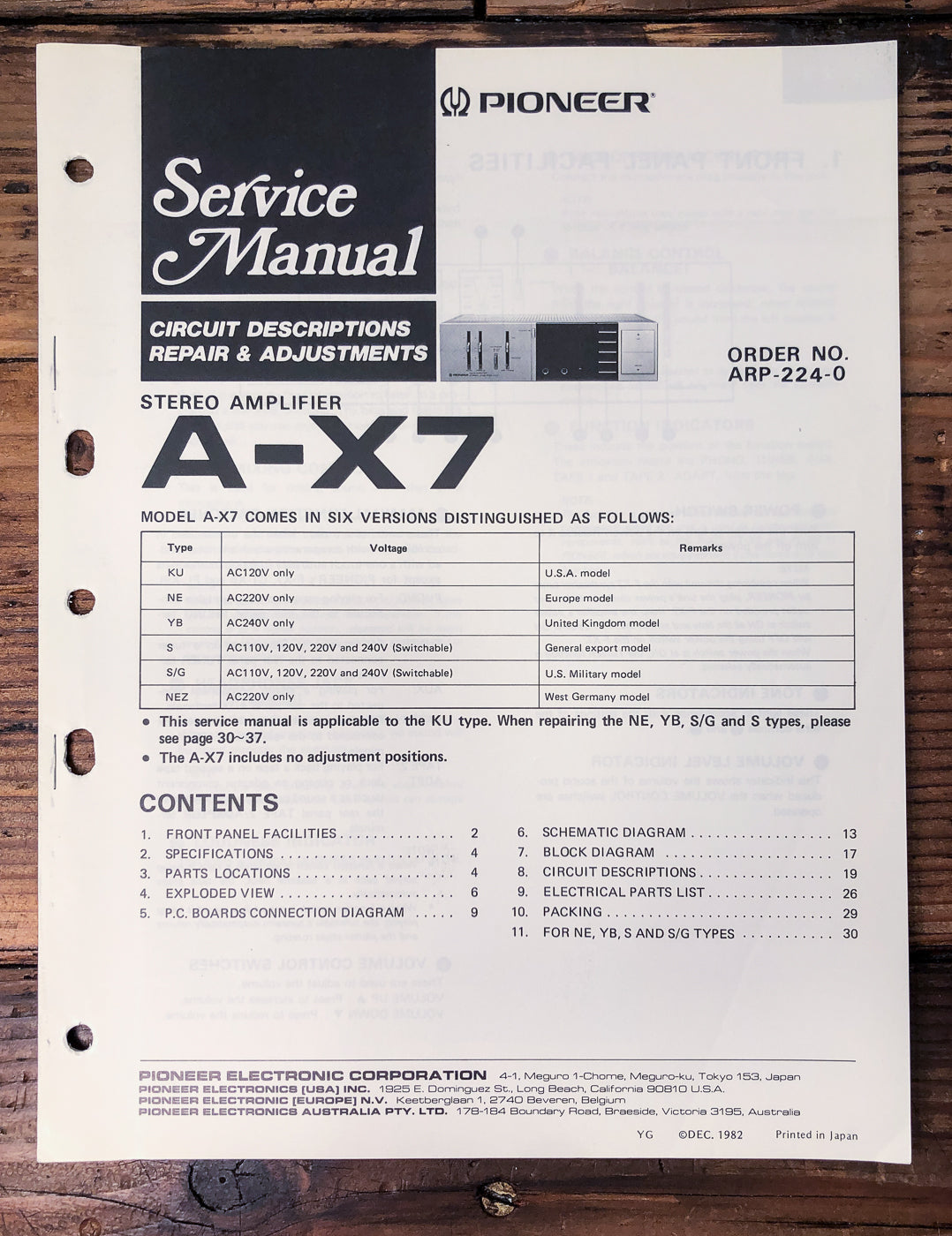 Pioneer A-X7 Amplifier Service Manual *Original*