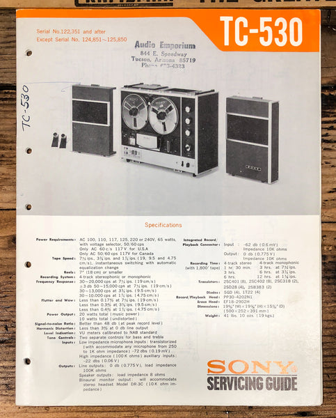 Sony TC-530 Reel to Reel  Service Manual *Original*