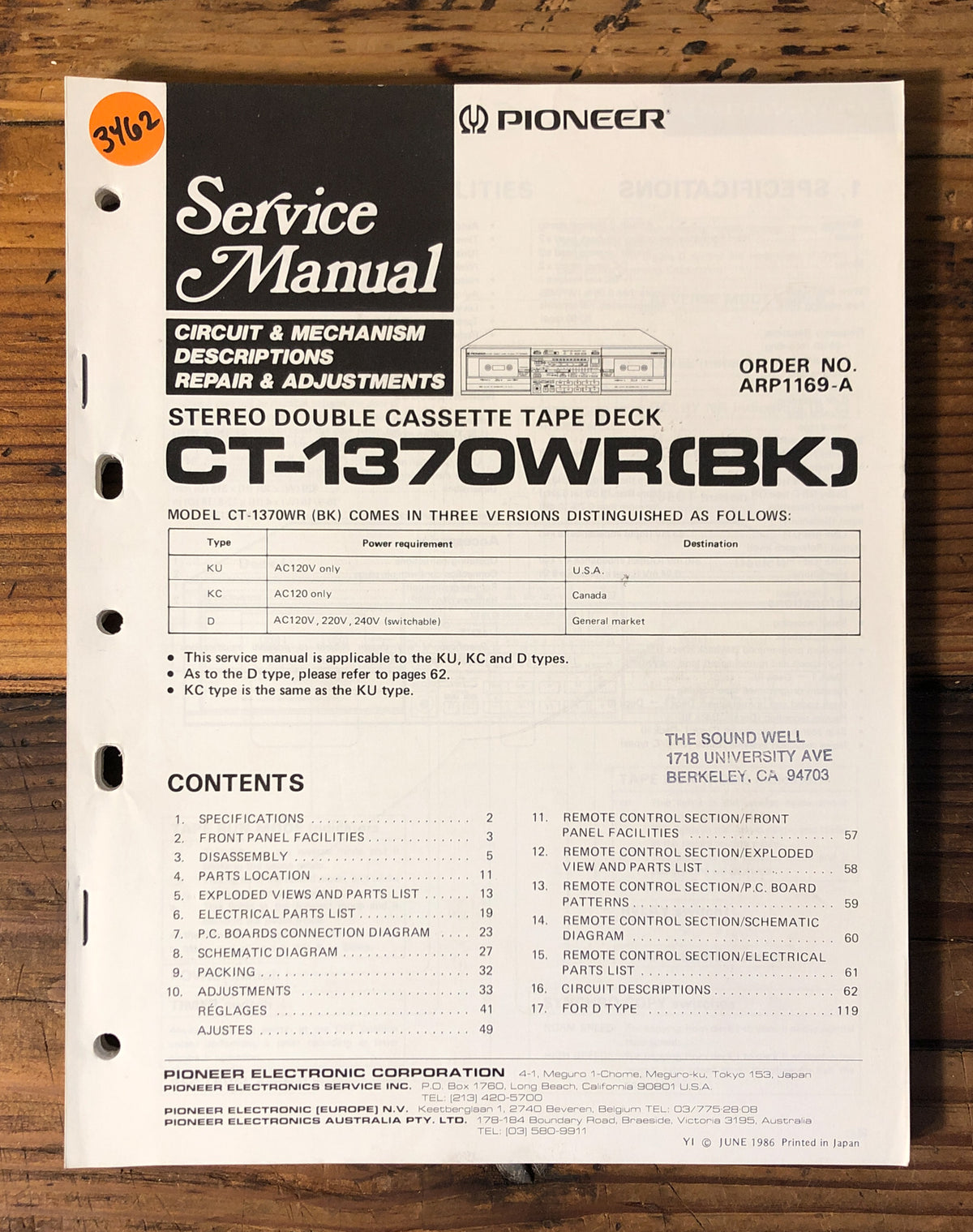 Pioneer CT-1370WR Cassette Service Manual *Original*