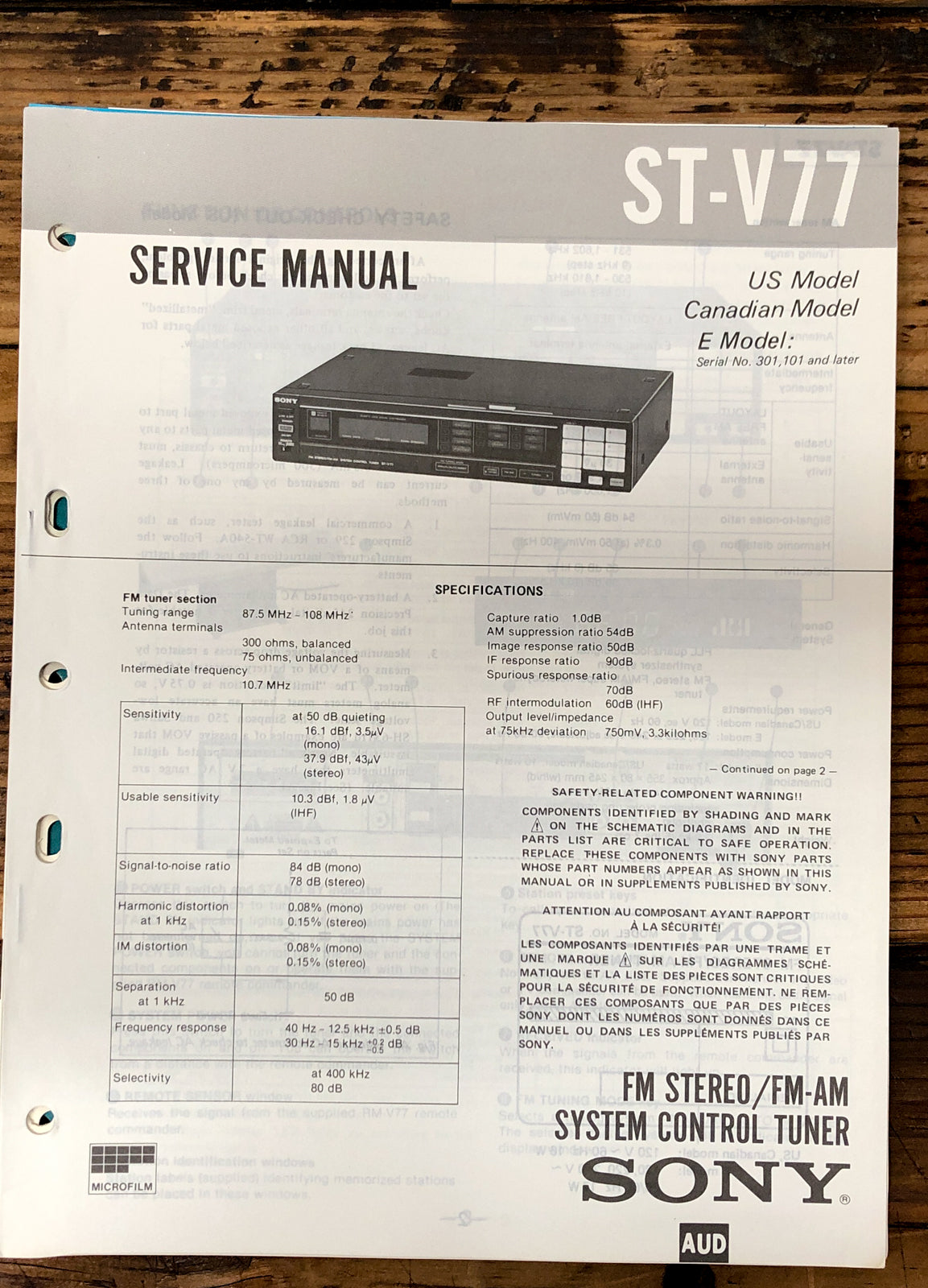 Sony ST-V77 Tuner  Service Manual *Original*
