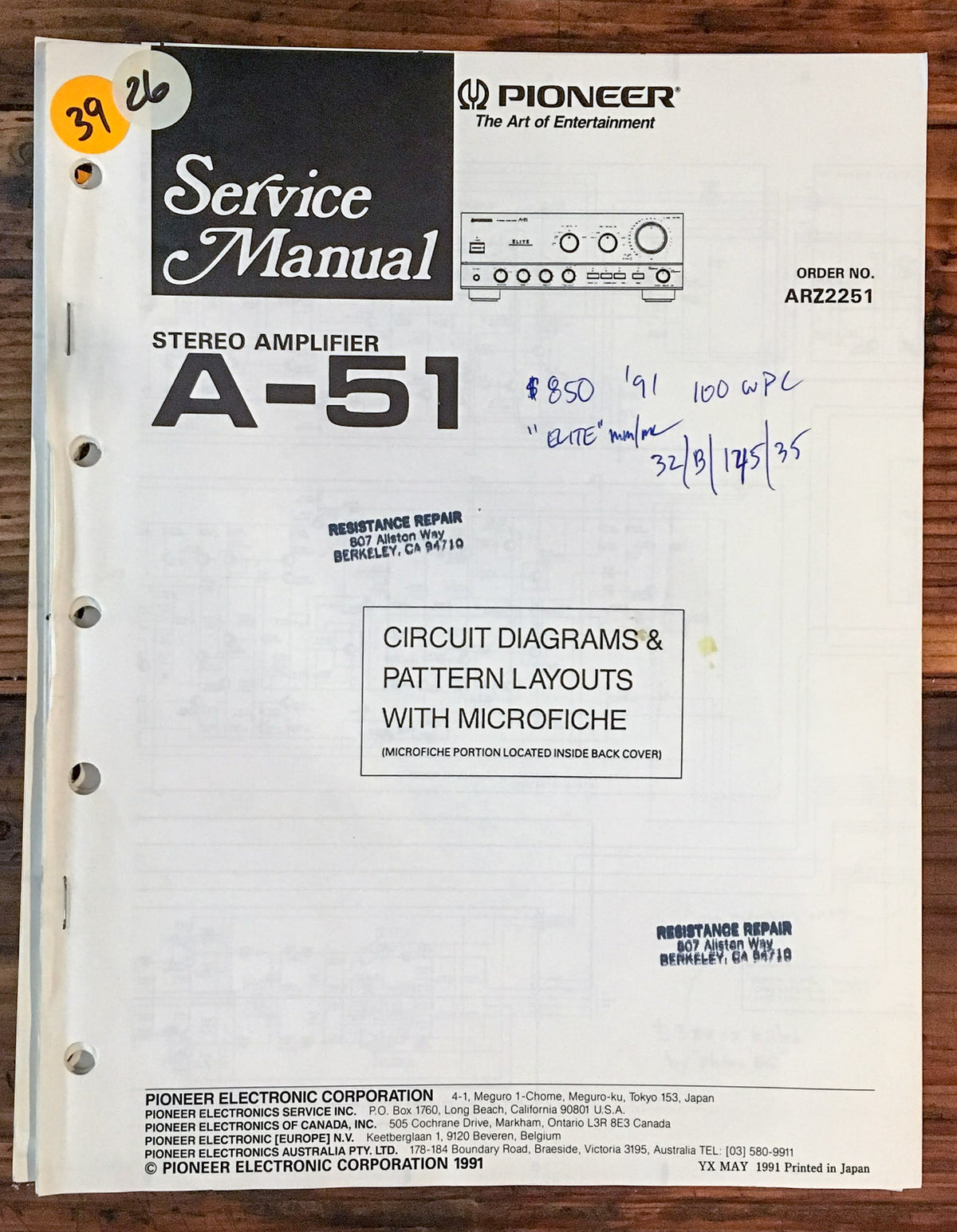 Pioneer A-51 Amplfier  Service Manual *Original*