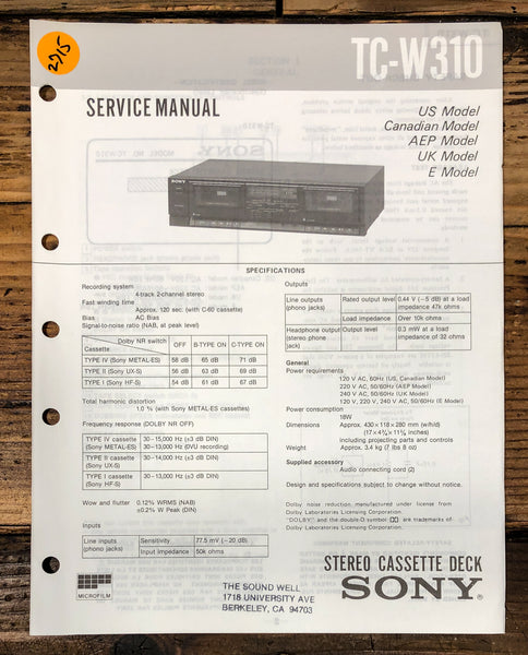Sony TC-W310 Cassette  Service Manual *Original*