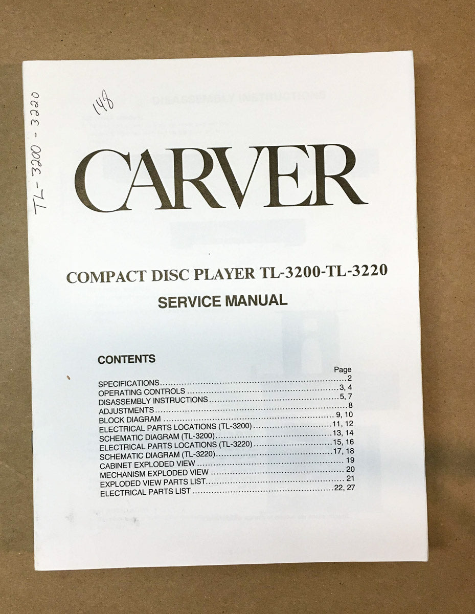 Carver TL-3200 TL-3220 CD Player  Service Manual *Original*