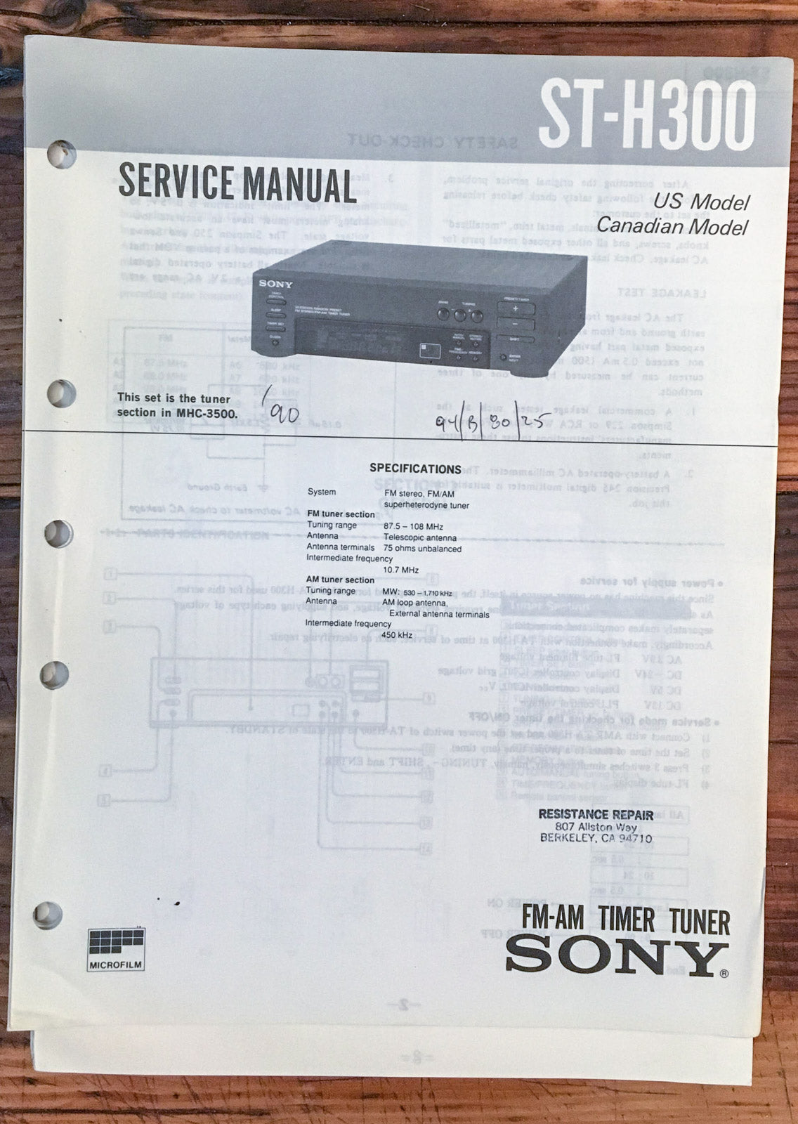 Sony ST-H300 Tuner  Service Manual *Original*