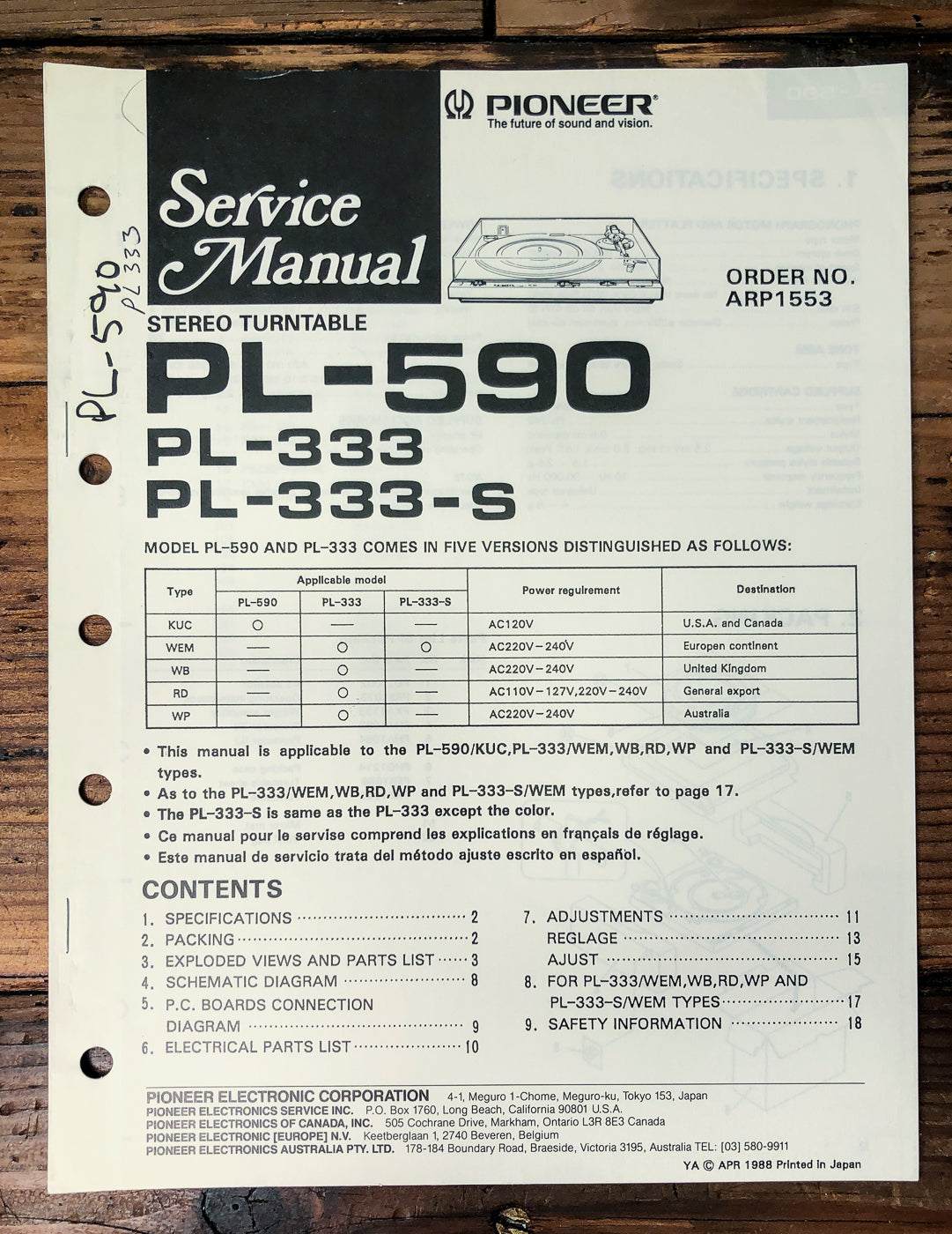 Pioneer PL-590 PL-333 PL-333-S Turntable Service Manual *Original*