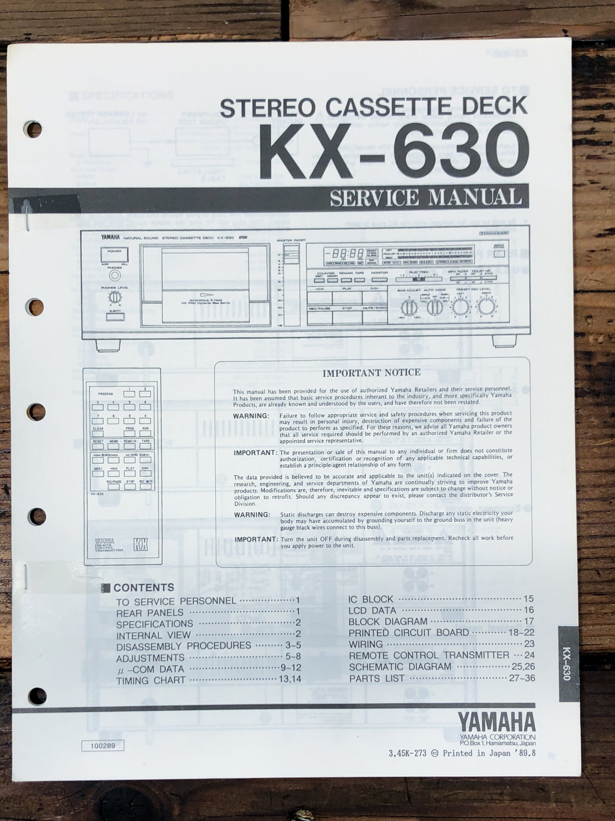Yamaha KX-630 Cassette  Service Manual *Original*