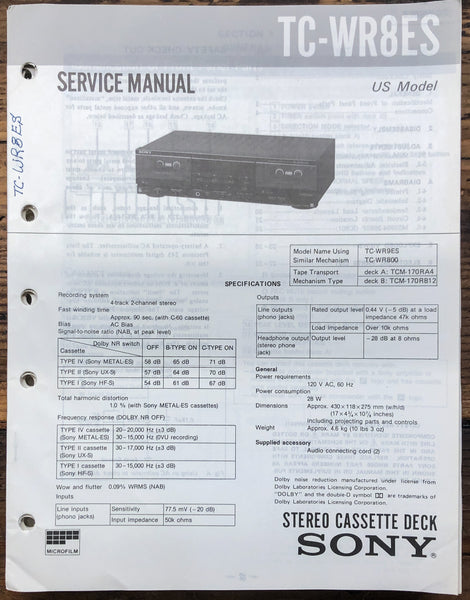 Sony TC-WR8ES Cassette  Service Manual *Original*