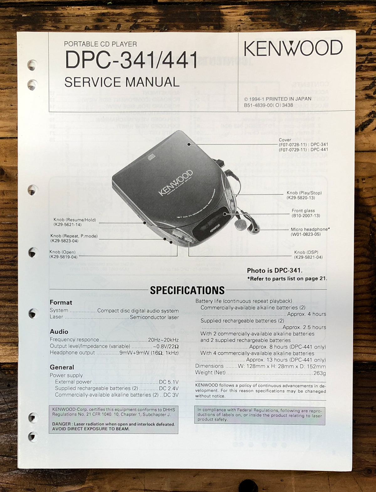 Kenwood DPC-341 DPC-441 CD Player  Service Manual *Original*