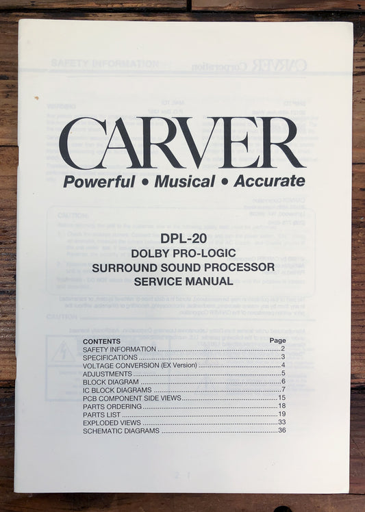 Carver DPL-20 Dolby Pro Logic Processor Service Manual *Original*