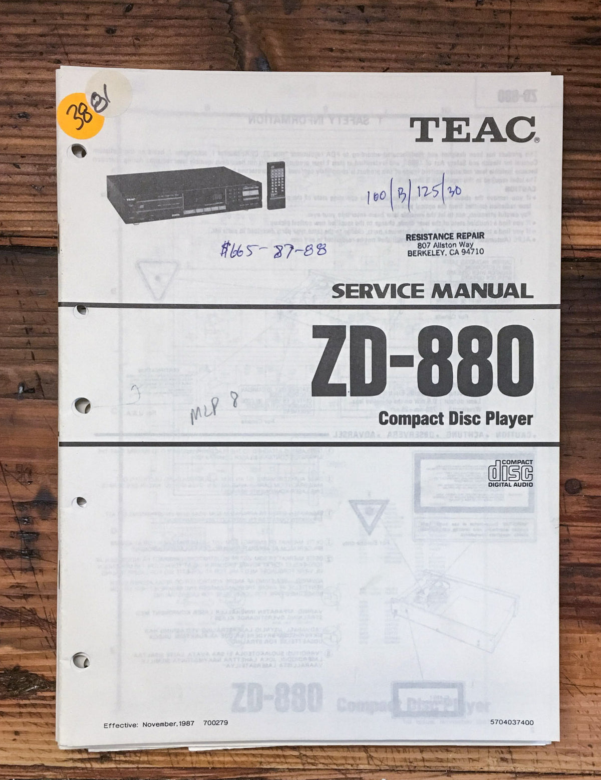 Teac ZD-880 CD Player  Service Manual *Original*