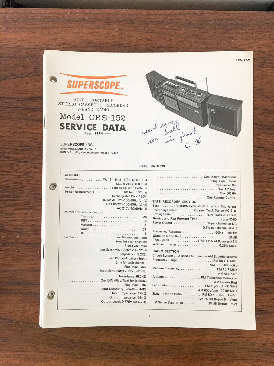 Superscope CRS-152 Radio / Cassette Service Manual *Original*