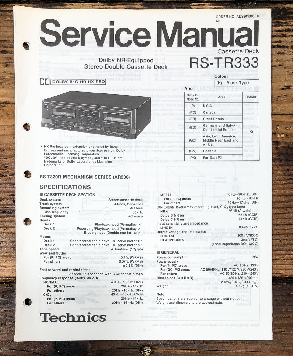 Technics RS-TR333 Cassette Service Manual *Original*
