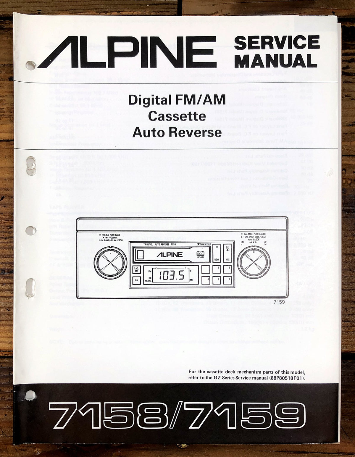Alpine 7158 7159 Digital FM/AM Cassette Auto Reverse Service Manual *Original*