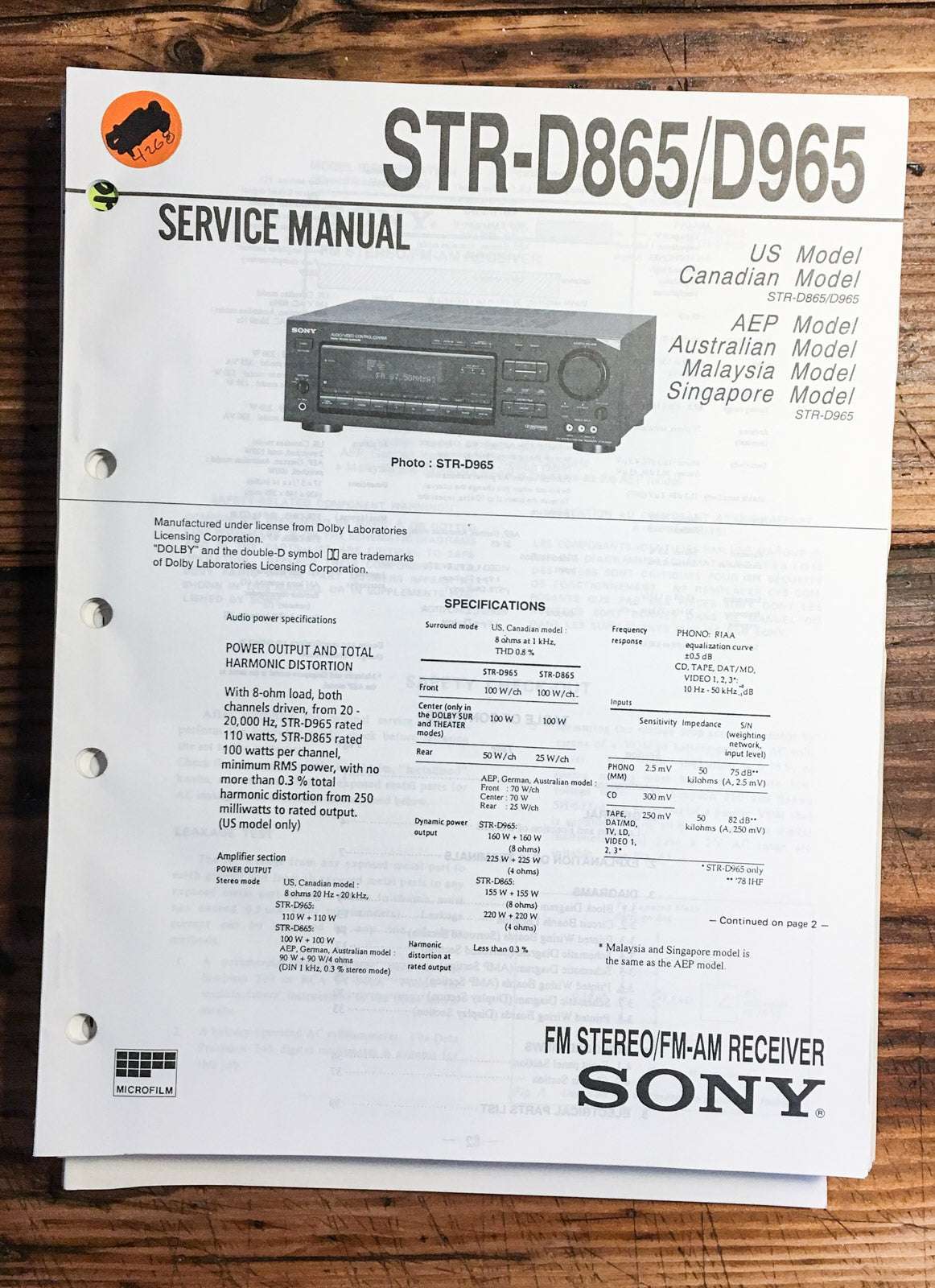 Sony STR-D865 STR-D965 Receiver  Service Manual *Original*