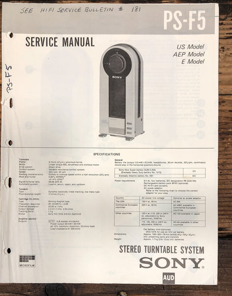 Sony PS-F5 Record Player / Turntable Service Manual *Original*