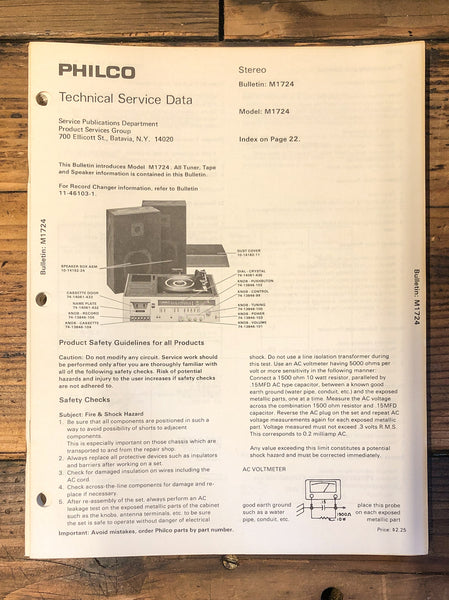 Philco Model M1724 Radio / Stereo  Service Manual *Original*