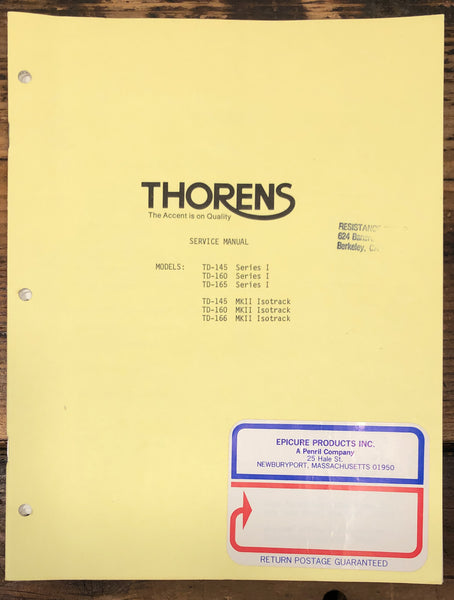 Thorens TD-145 -160 -165 Series 1 & MKII Turntable  Service Manual *Original*