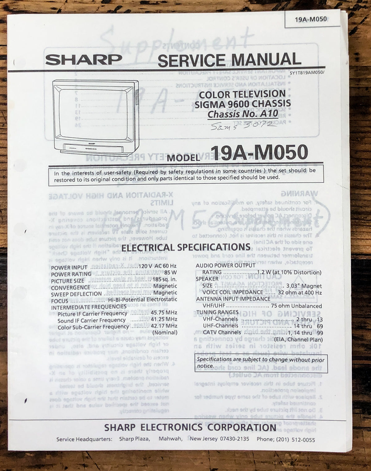 Sharp 19A-M050 TV / Television Service Manual *Original*