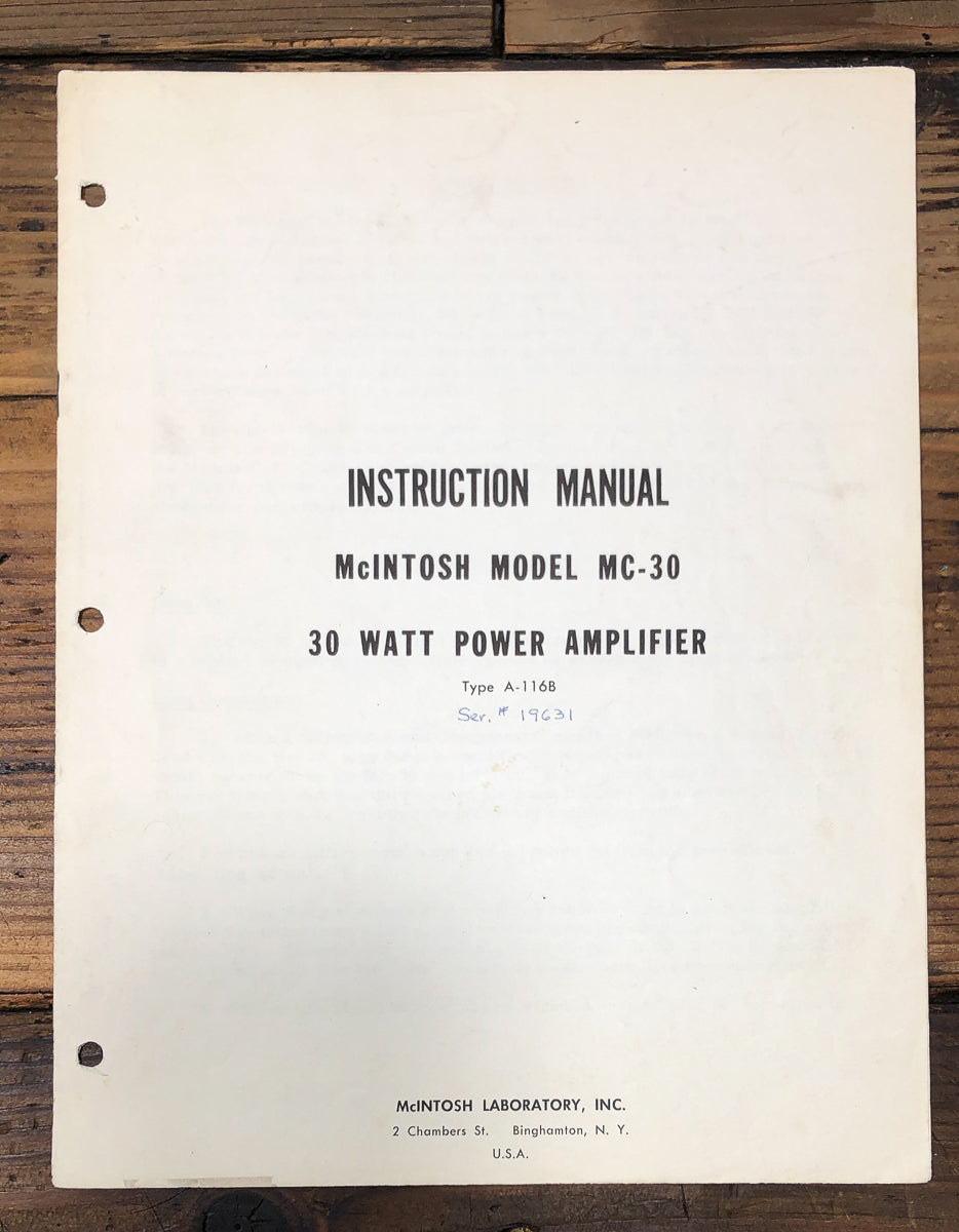 McIntosh MC-30 A-116B Amplifier Owners / User Manual *Original*