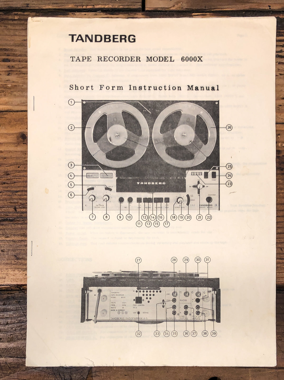 Tandberg Model 6000X Reel to Reel Short Owners / User Manual *Original*