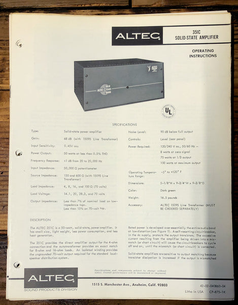 Altec Model 351C Amplifier  Owners Manual & Schematic *Orig*