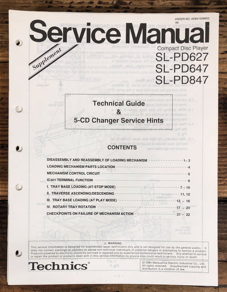 Technics SL-PD627 -PD647 -PD847 CD Player Supp. Service Manual *Original*