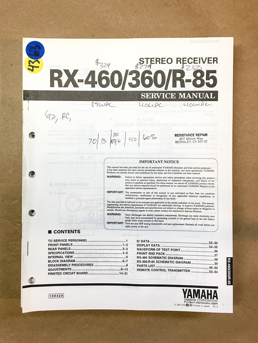 Yamaha RX-460 RX-360 R-85 Receiver  Service Manual *Original*