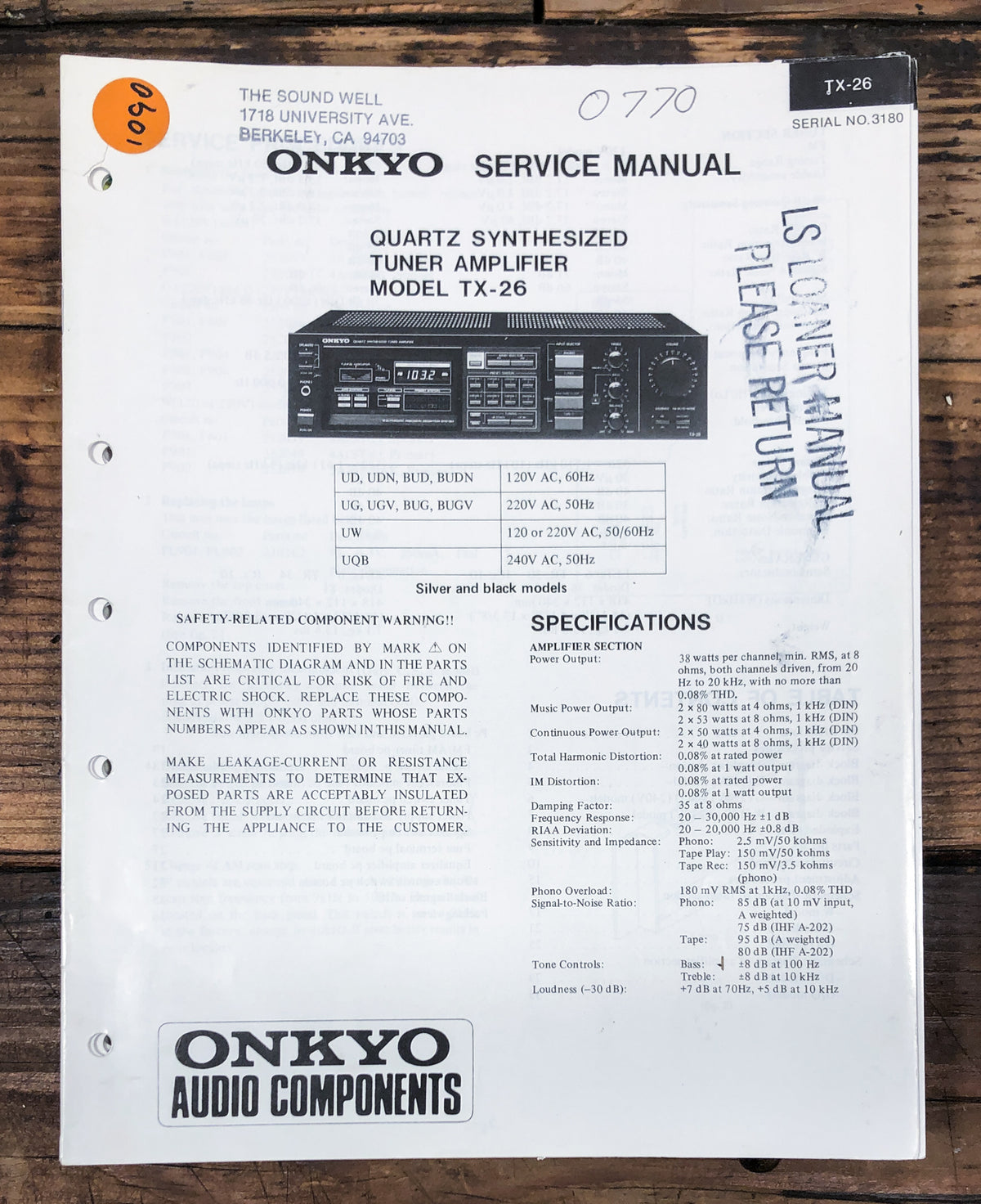 Onkyo TX-26 Receiver  Service Manual *Original*