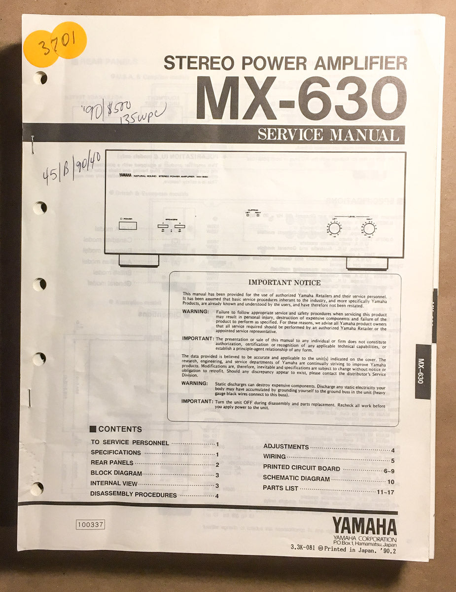 Yamaha MX-630 Amplifier  Service Manual *Original*