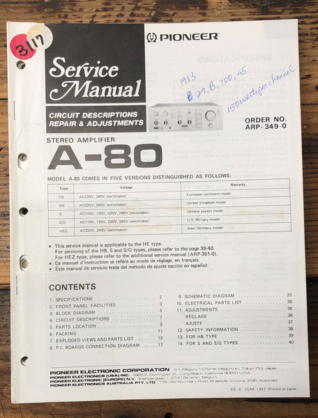 Pioneer A-80 Amplifier  Service Manual *Original*