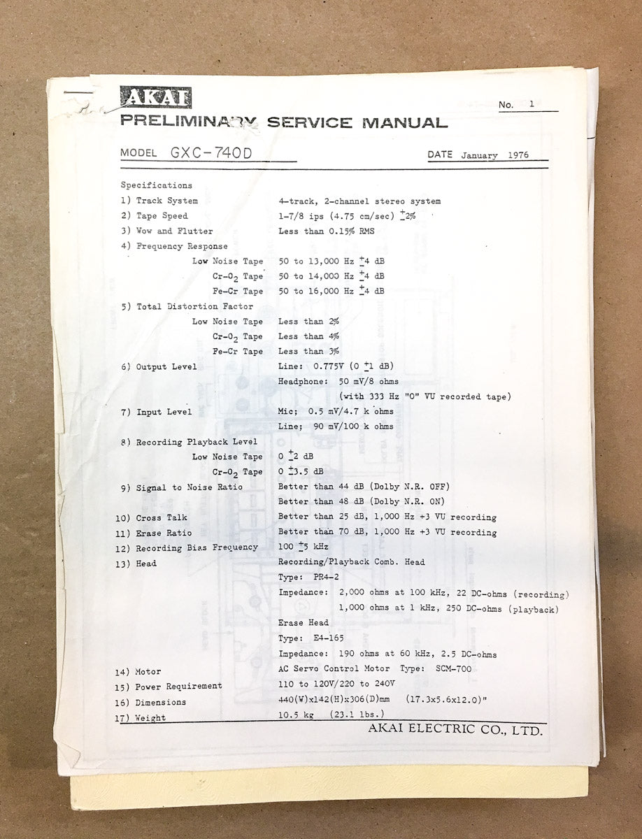Akai GXC-740D Cassette / Tape Deck  Preliminary Service Manual *Original*