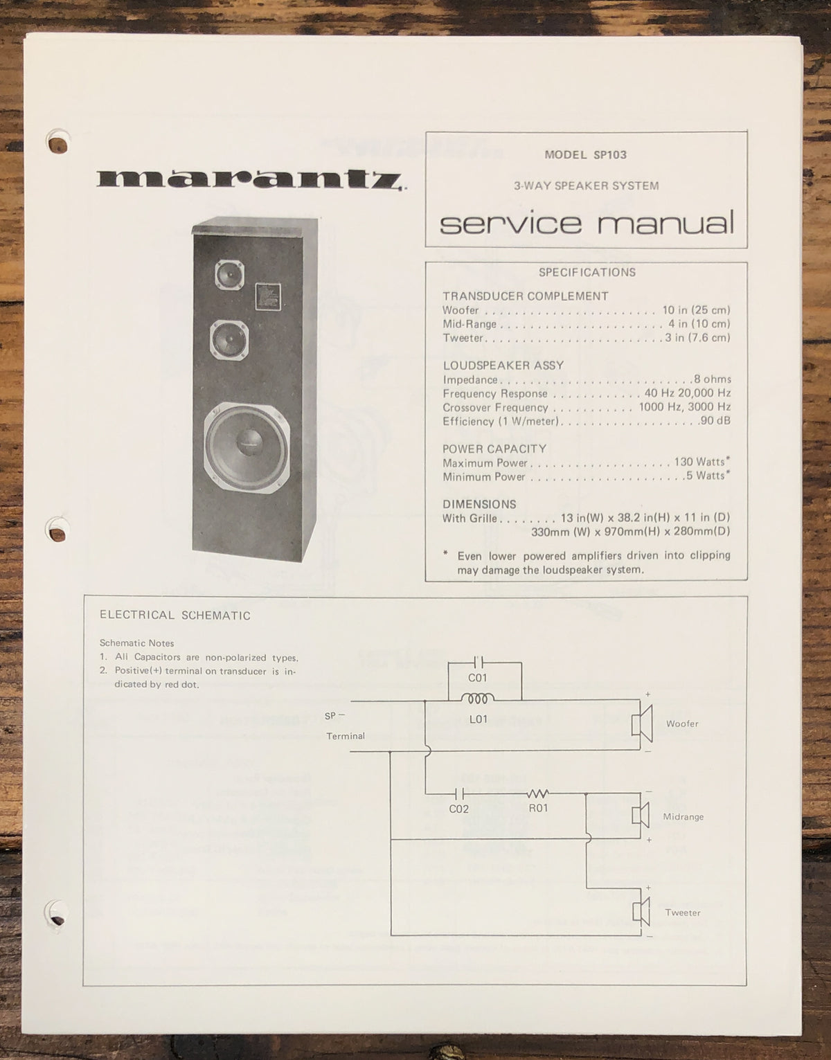 Marantz SP103 SP-103 Speaker Service Data Sheet  *Original*