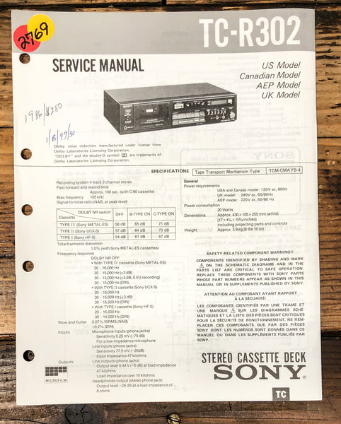 Sony TC-R302 Cassette  Service Manual *Original*
