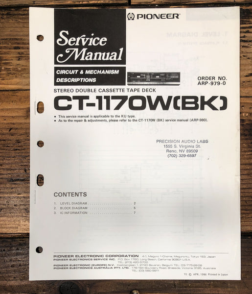 Pioneer CT-1170W Cassette Service Manual *Original* #3