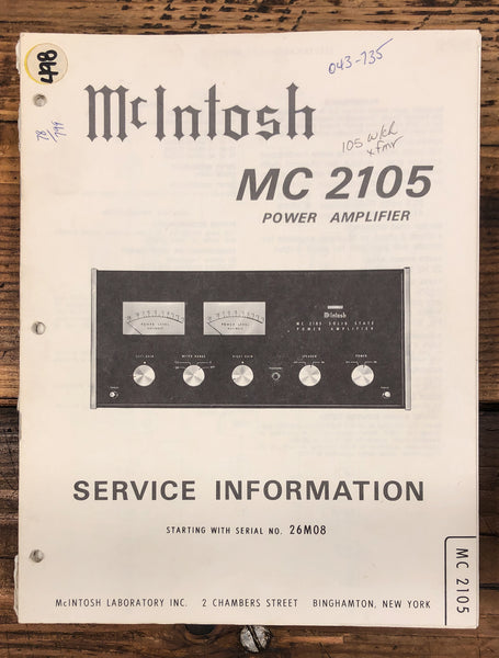 McIntosh MC2105 MC-2105 Amplifier  Service Manual *Original* #2