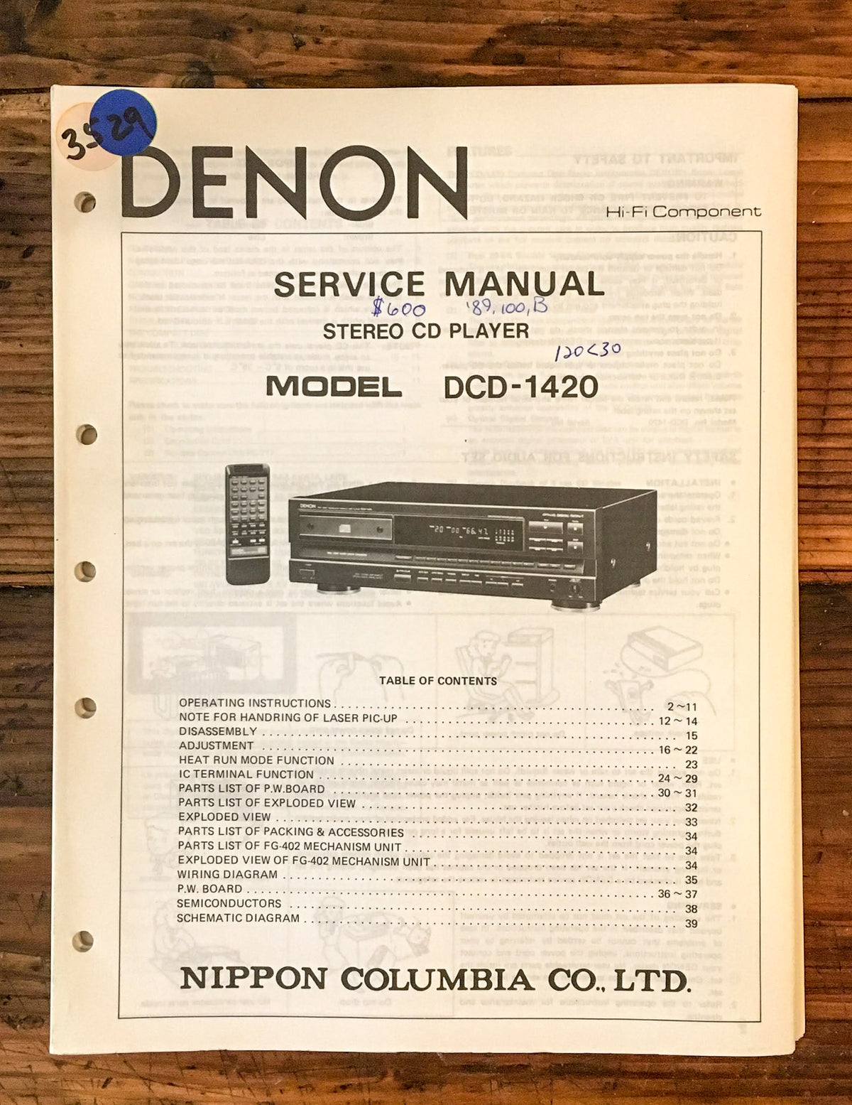 Denon DCD-1420 CD Player  Service Manual *Original*