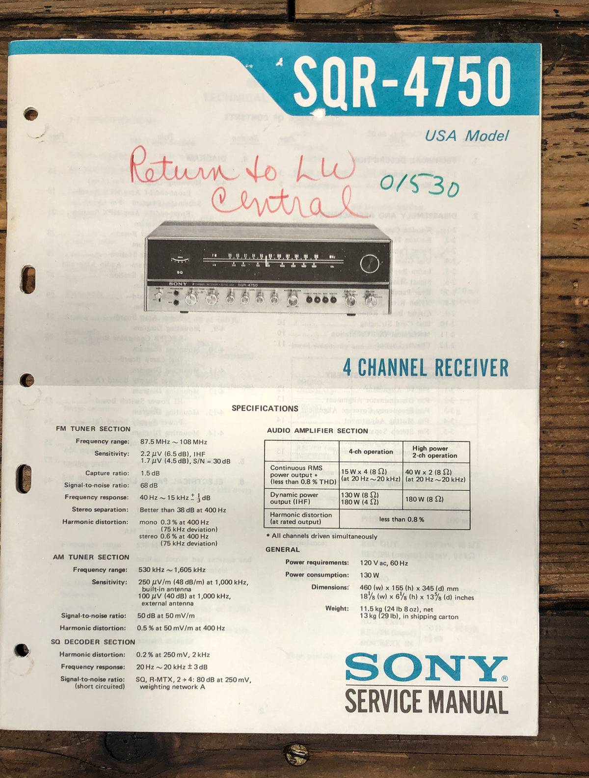 Sony SQR-4750 Receiver Service Manual *Original*