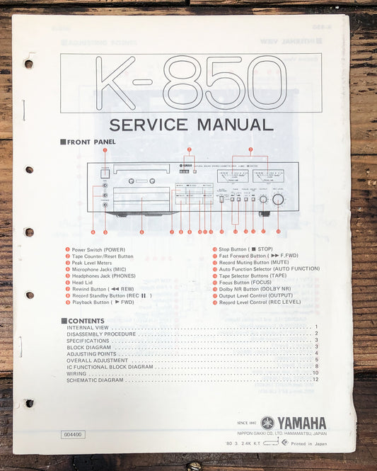 Yamaha K-850 Cassette Service Manual *Original*