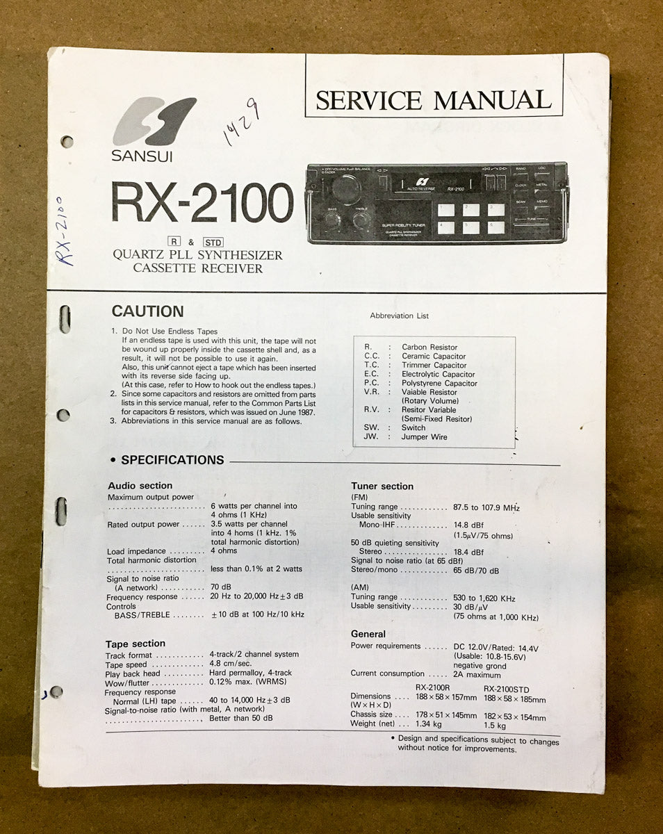 Sansui RX-2100 Cassette Receiver  Service Manual *Original*