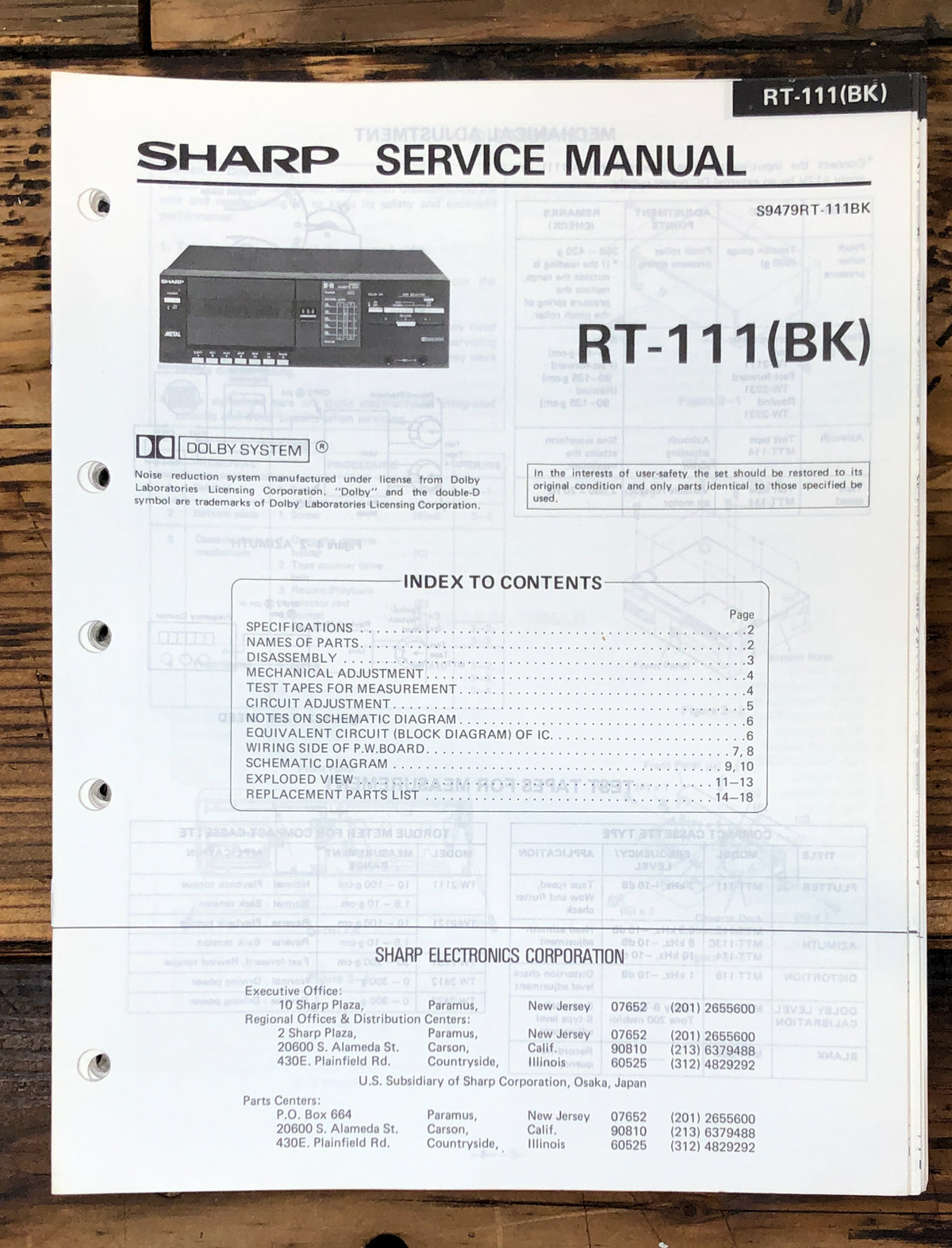 Sharp RT-111 Cassette Add. Service Manual *Original*