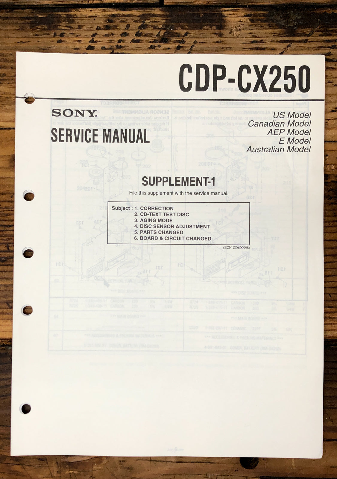 Sony CDP-CX250 CD Player Supp. Service Manual *Original*