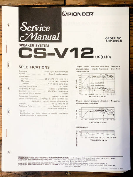 Pioneer CS-V12 Speaker  Service Manual *Original*