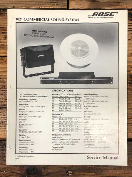 Bose Model 102  Commerical Sound System Service Manual *Original*