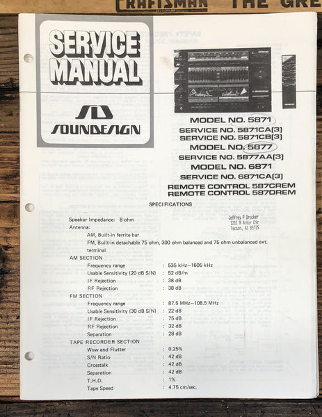 Soundesign Model 5871 5871CA / CB 5877 6871 Stereo Service Manual *Original*