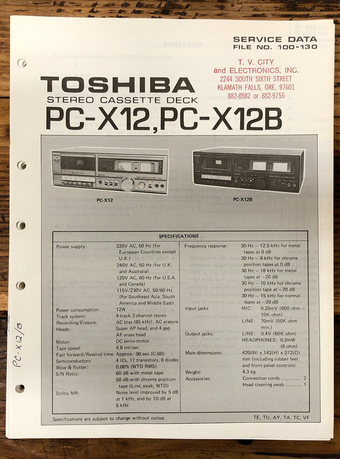Toshiba PC-X12 PC-X12B Cassette Deck  Service Manual *Original*