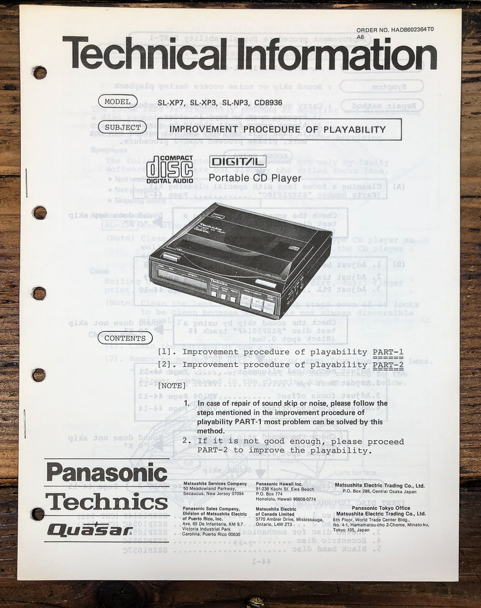Technics SL-XP7 SL-XP3 SL-NP3 CD Player Tech Info Service Manual *Original*