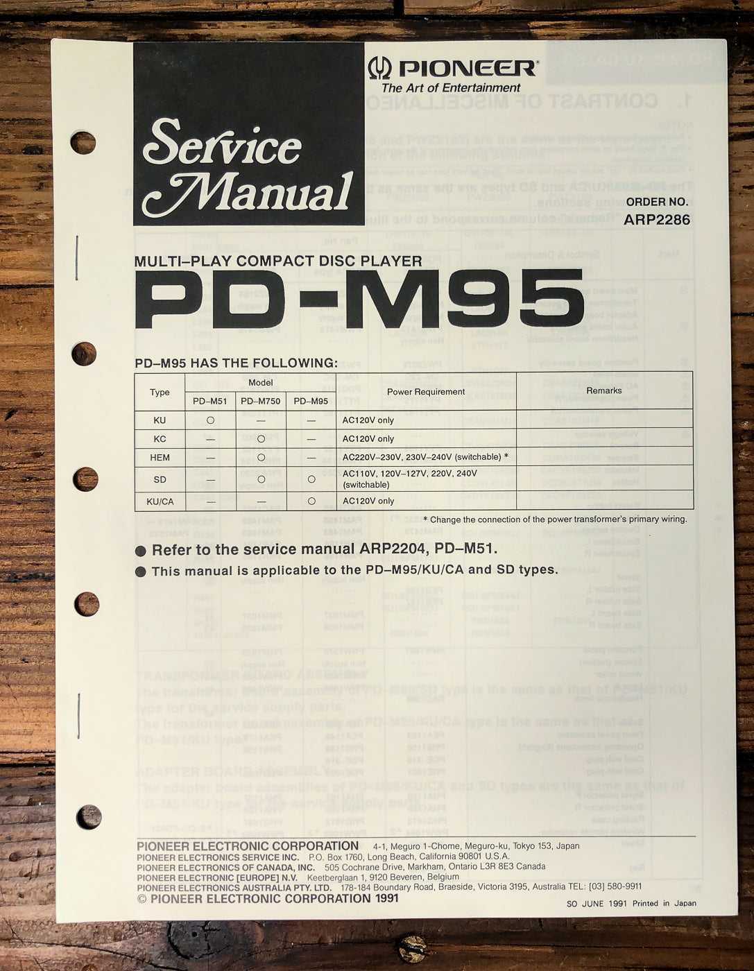 Pioneer PD-M95 CD Changer Supp. Service Manual *Original*