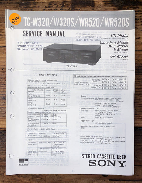 Sony TC-W320 TC-W320S TC-WR520 TC-WR520S Cassette  Service Manual *Original* #1