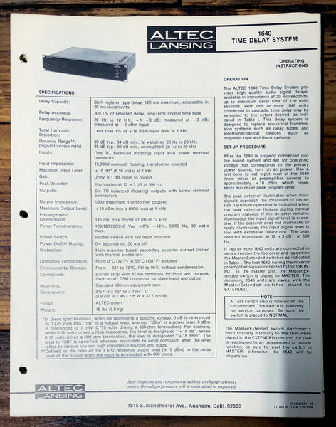 Altec Model 1640 Time Delay  Owners Manual & Schematic *Orig*